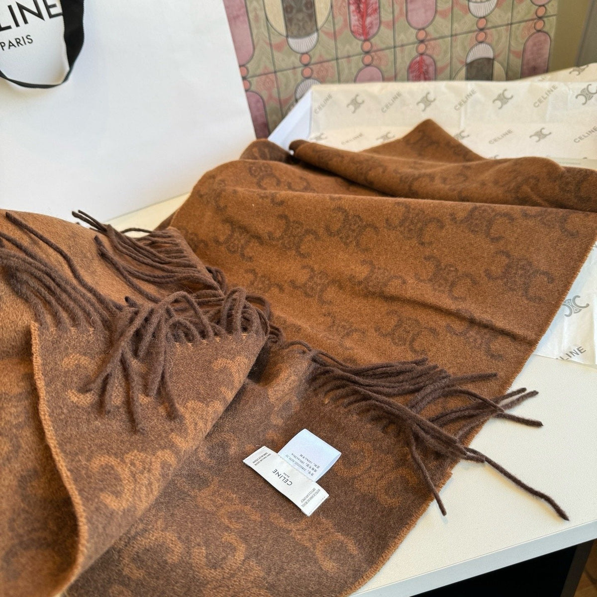 Celine Brown Patterned Fringed Scarf